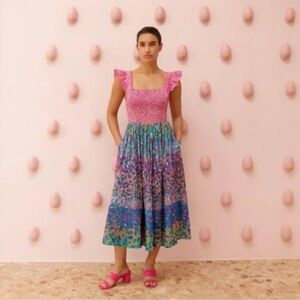 Caroline Constas Floral Smocked Tie Back Midi Dress Pink Multi Cotton Sz. L NWT